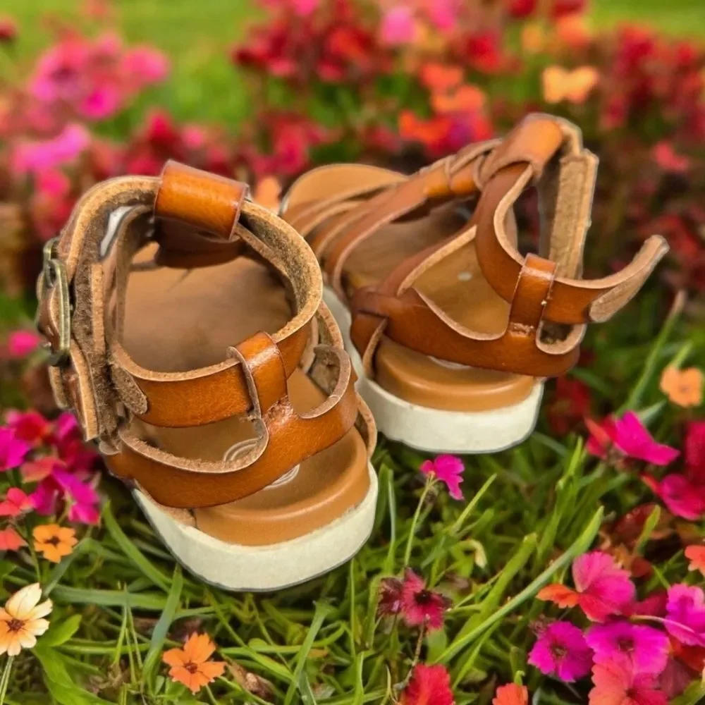 Toddler Girls Gladiator Sandals Size 2 Brown Strappy Velcro Straps Wonder Nation